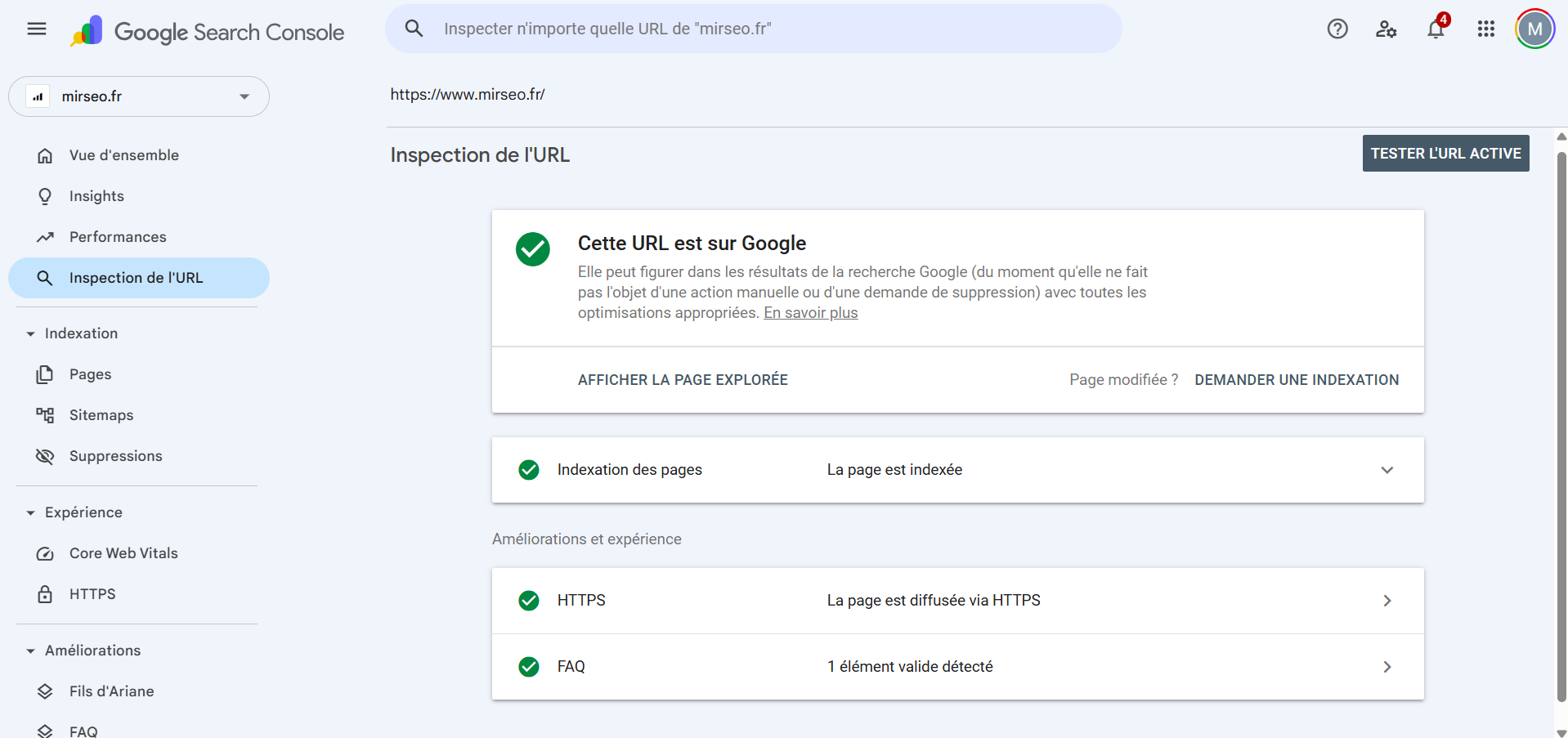 exemple d'un test d'exploration google sur search console